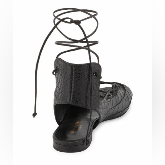 Saint Laurent Croc Embossed Lace Up Flat Sandal in Black - Picture 2 of 9